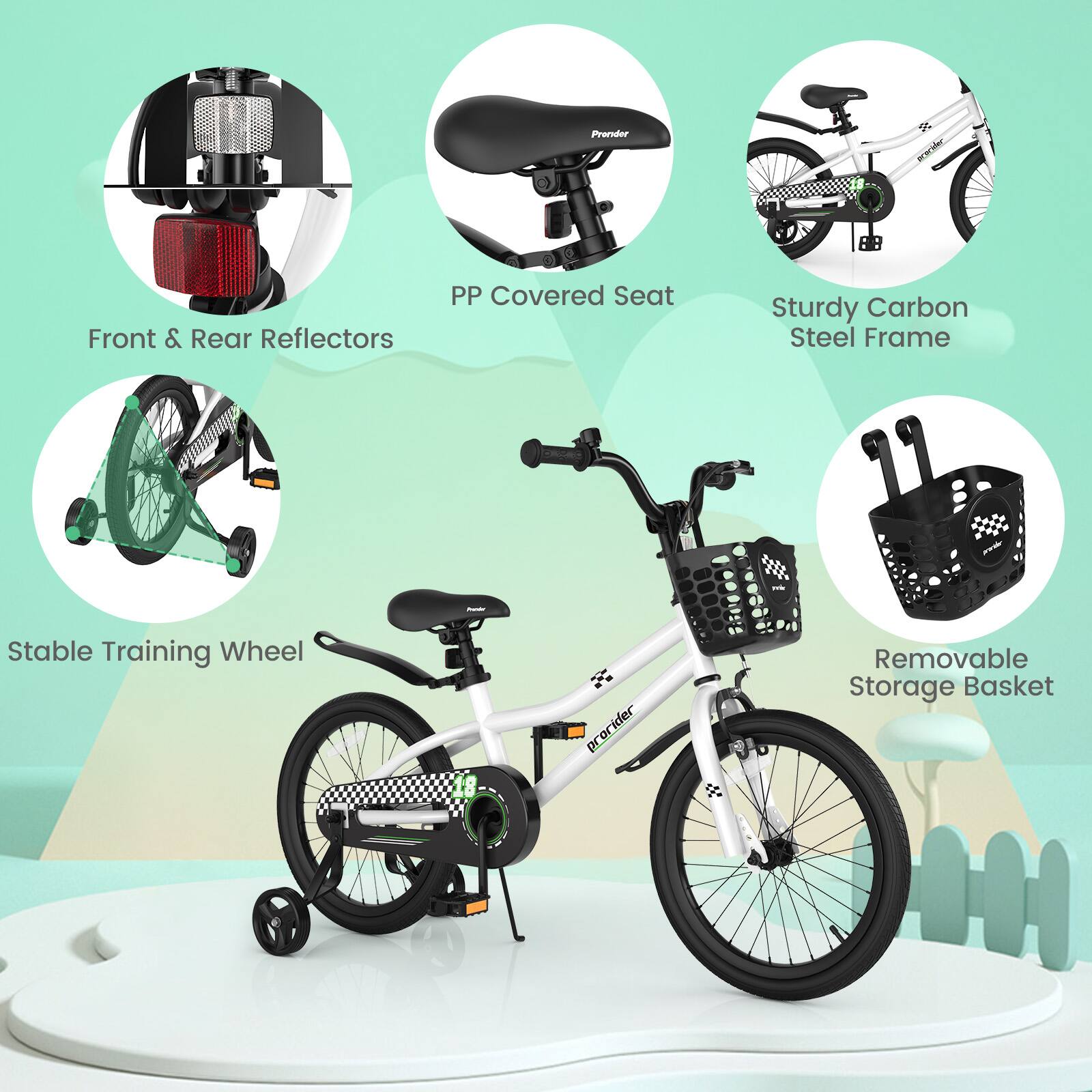 - Front & Rear Reflectors
- PP Covered Seat
- Sturdy Carbon Steel Frame
- Stable Training Wheel
- Removable Storage Basket