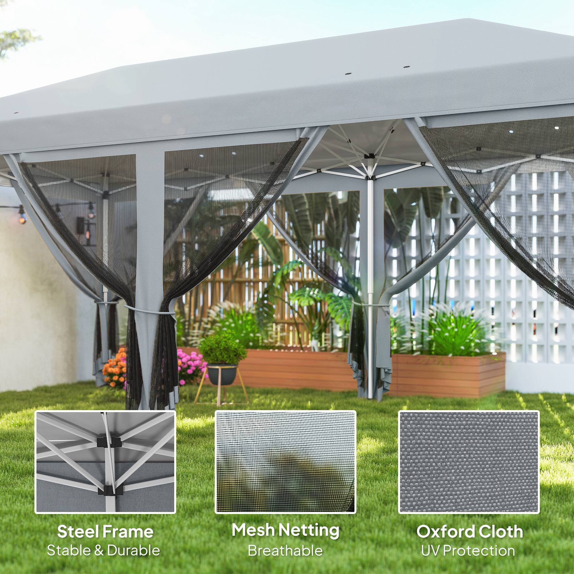 Steel Frame  
Stable & Durable  

Mesh Netting  
Breathable  

Oxford Cloth  
UV Protection