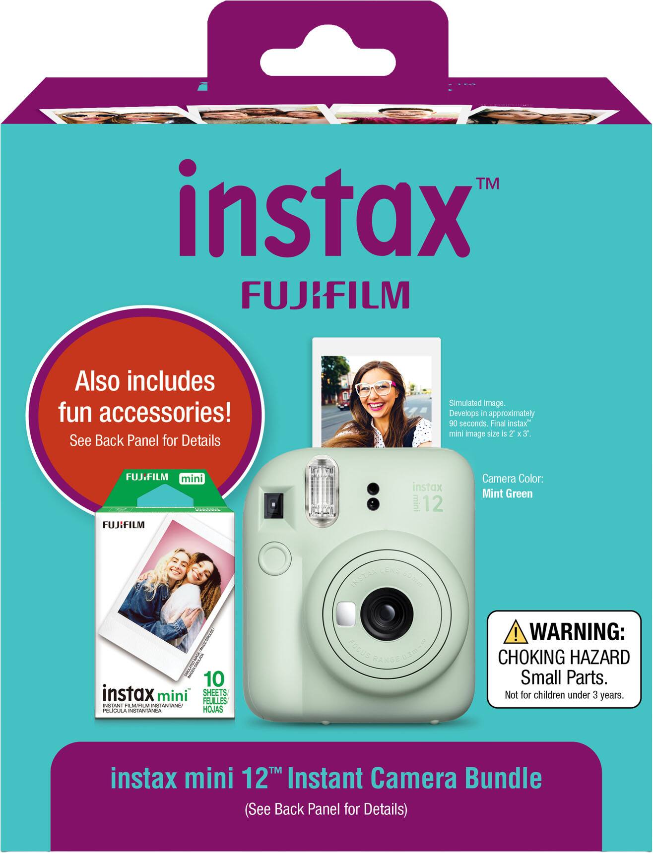 instax™ FUJIFILM  
Also includes fun accessories! See Back Panel for Details  
Simulated image. Develops in approximately 90 seconds. Final Instax mini image size is 2" x 3".  
FUJ.FILM mini  
FUJIFILM instax mini 2 Camera  
Color: Mint Green  
CENS INSTAL Sm 10 instax mini SHEETS  
FEULLES INUSIANT FIM/TILM INSTANTANÉ  
PELICULA INSTANTANIA  
HOJAS  
FOCUS RANGE 0.3m~  
WARNING: CHOKING HAZARD Small Parts. Not for children under 3 years.  
instax mini 12™ Instant Camera Bundle (See Back Panel for Details)