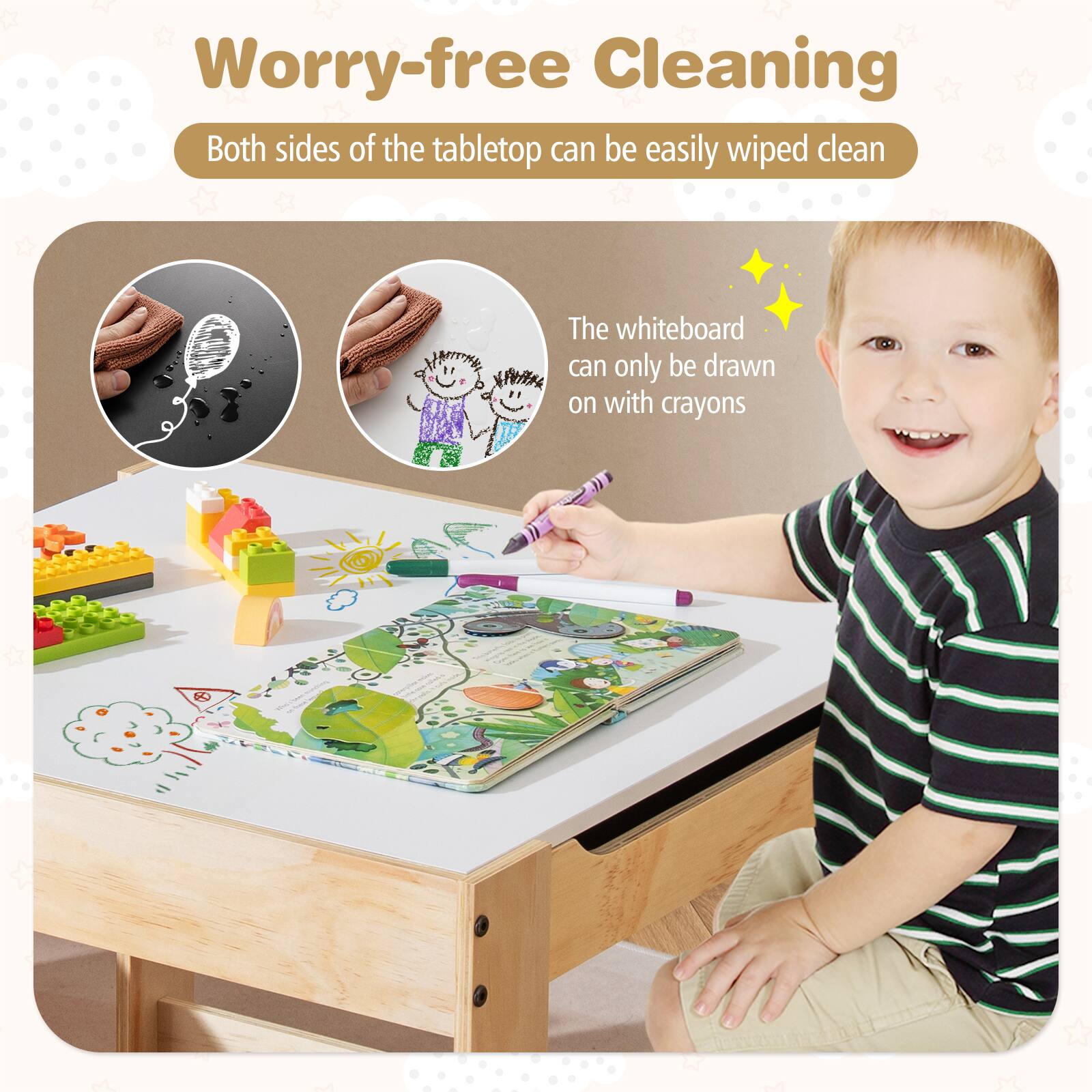 Worry-free Cleaning  
Both sides of the tabletop can be easily wiped clean  
The whiteboard can only be drawn on with crayons