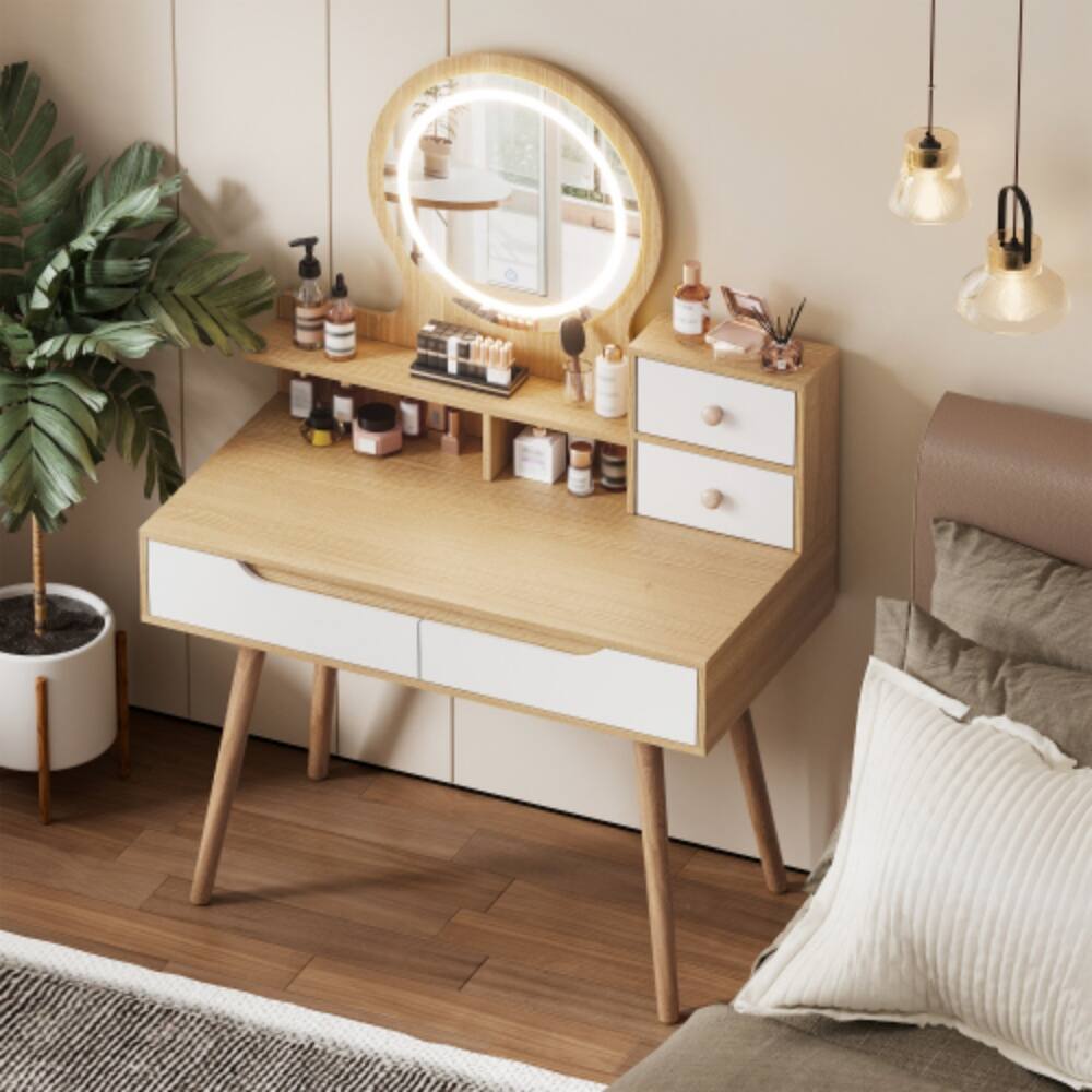 Alt View 5. LUCKY ONE - Vanity Desk with 3-Color Adjustable Lighted Mirror, 4 Drawers and 3 Shelves for Small Bedroom - Ameican White Oak.