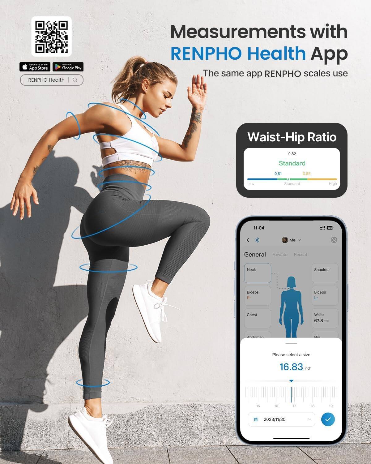 Renpho Smart Body Measuring Tape, Bluetooth App, 60in, for Weight Loss ...