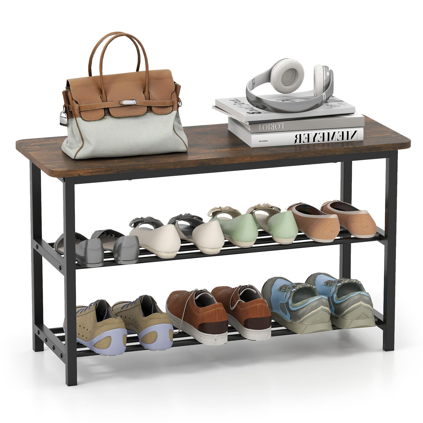 Gymax - 3-Tier Shoe Rack Bench w/ Heavy Duty Metal Frame & 300 lbs Seat for Hallway - Brown