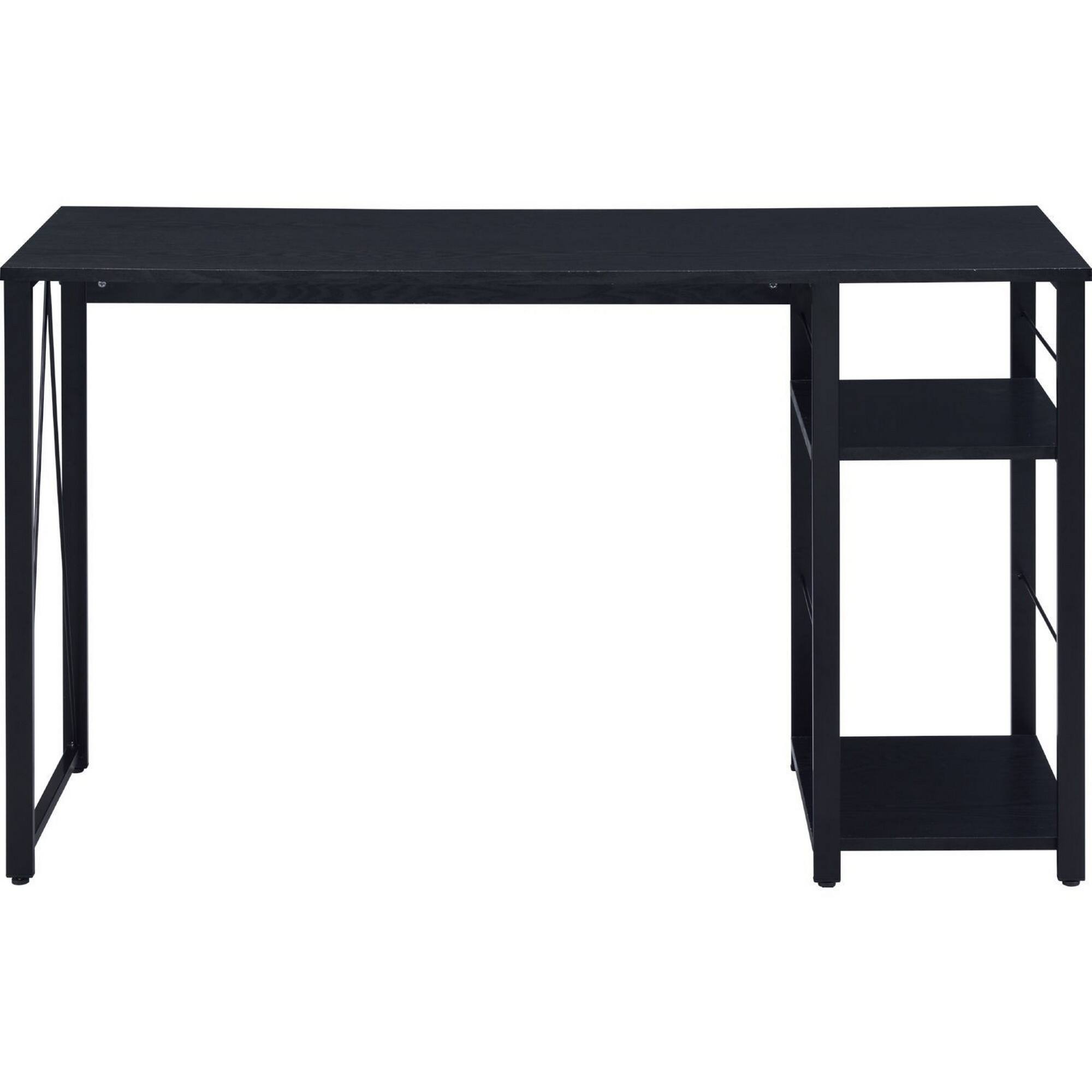 Angle. Manhattan Lane - Writing Desk with 2 Tier Side Shelves and Tubular Metal Legs, Black - Brown and Black.