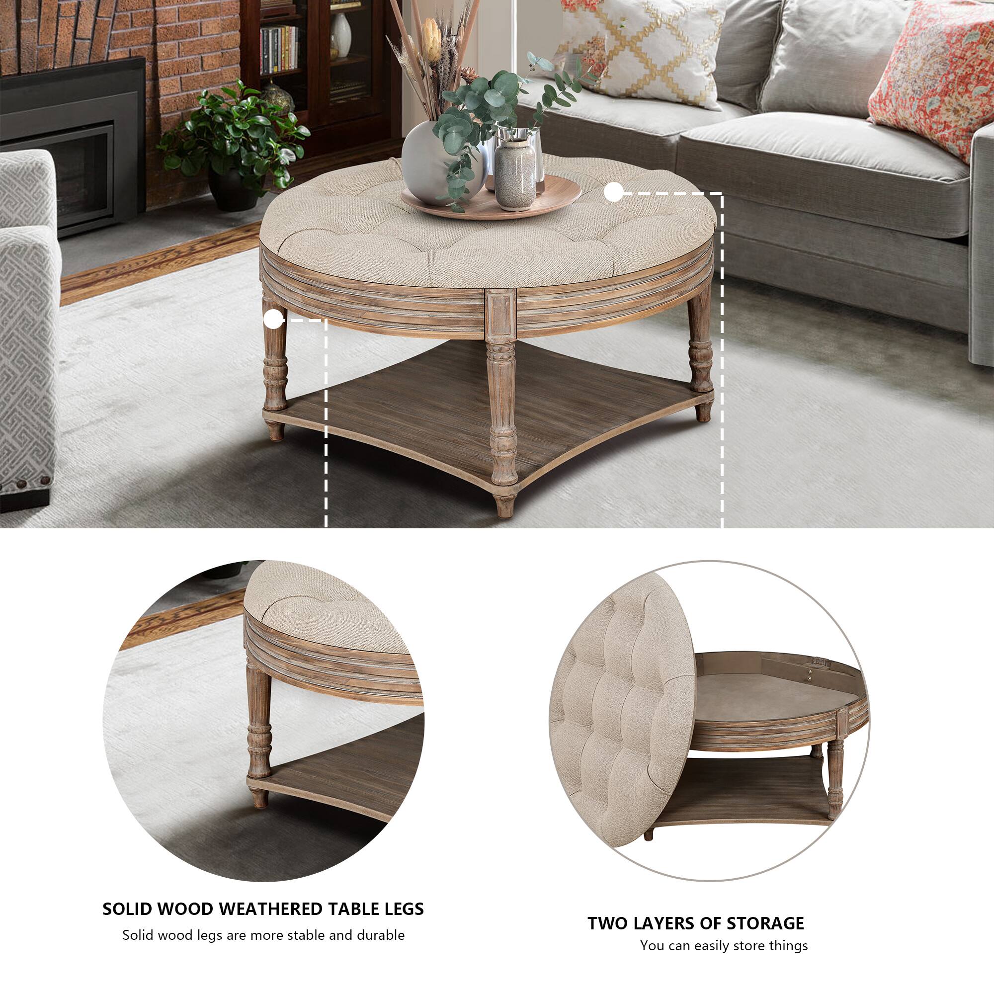 SOLID WOOD WEATHERED TABLE LEGS  
Solid wood legs are more stable and durable  

TWO LAYERS OF STORAGE  
You can easily store things