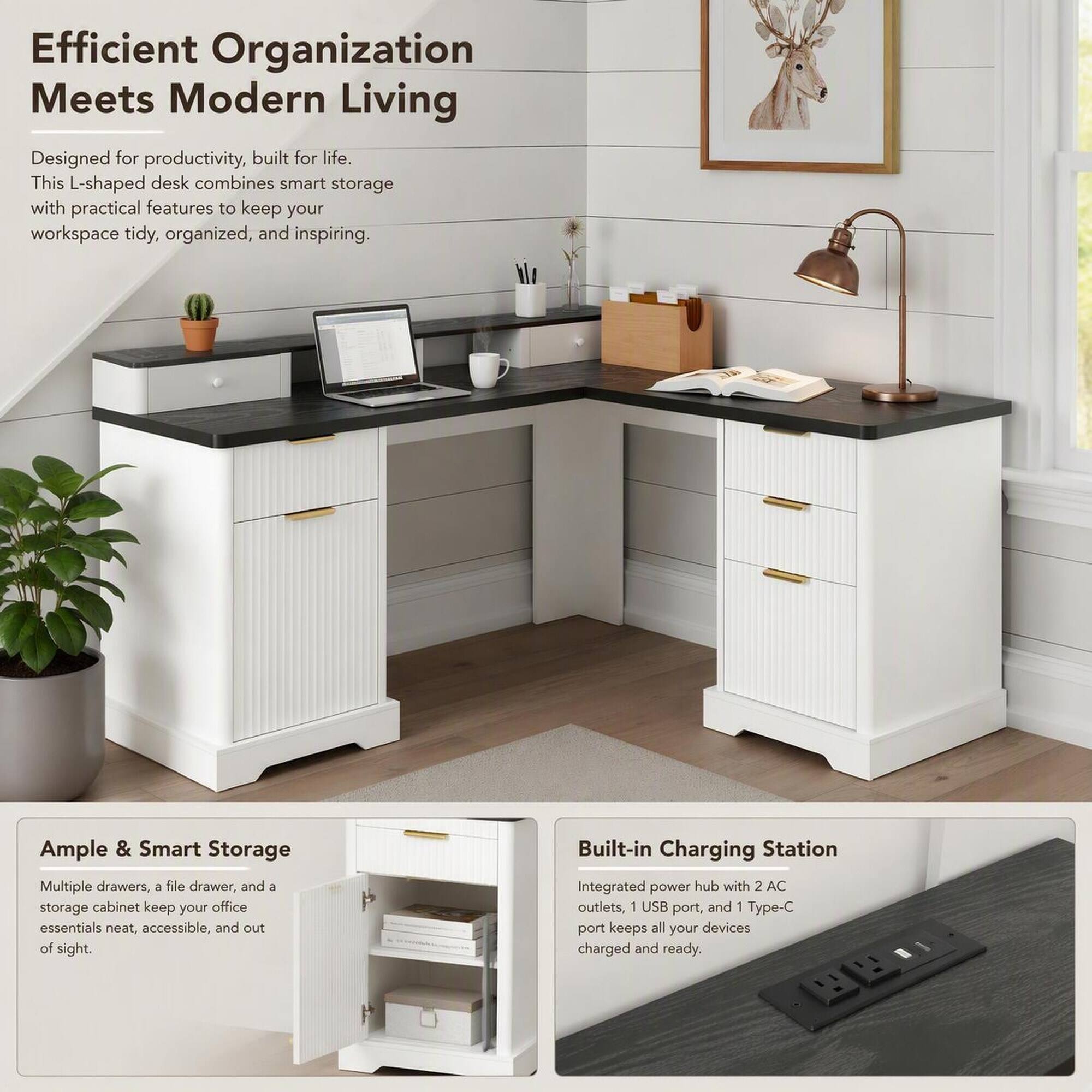 RYHNUYNE Modern Fluted L Shaped Desk, 59.45 MDF with Charging Station ...