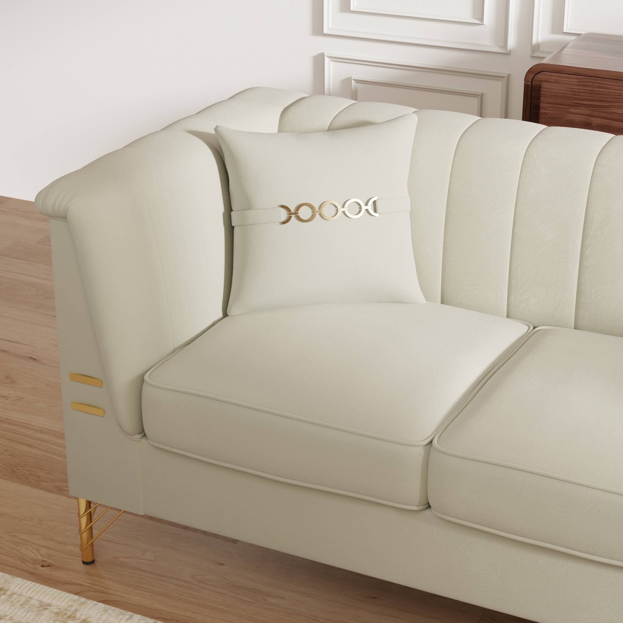 Left. Anysun - 82.7" Beige Velvet 3-Seat Chesterfield Sofa with 2 Pillows for Living Room - Beige.