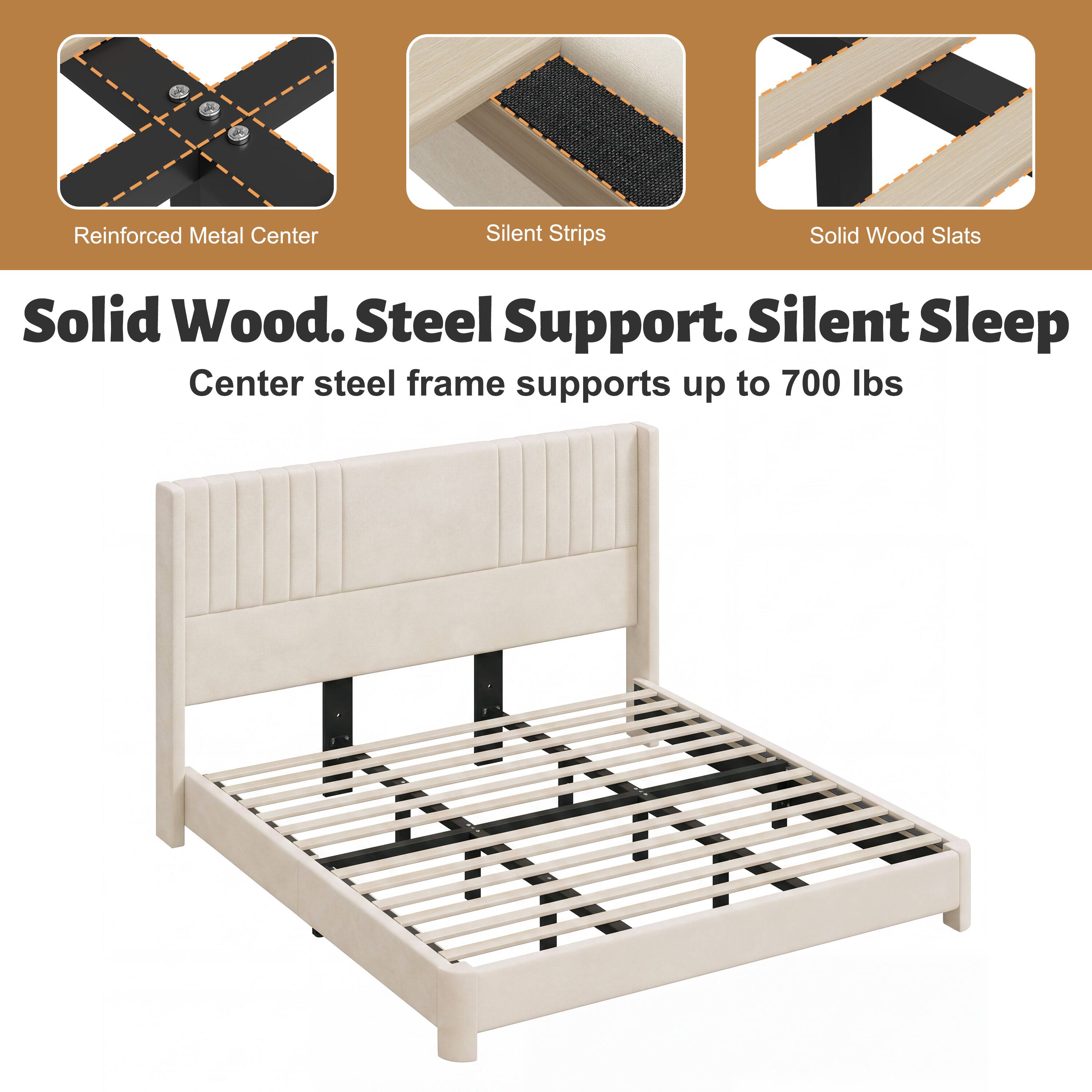 Reinforced Metal Center  
Silent Strips  
Solid Wood Slats  

Solid Wood. Steel Support. Silent Sleep  
Center steel frame supports up to 700 lbs