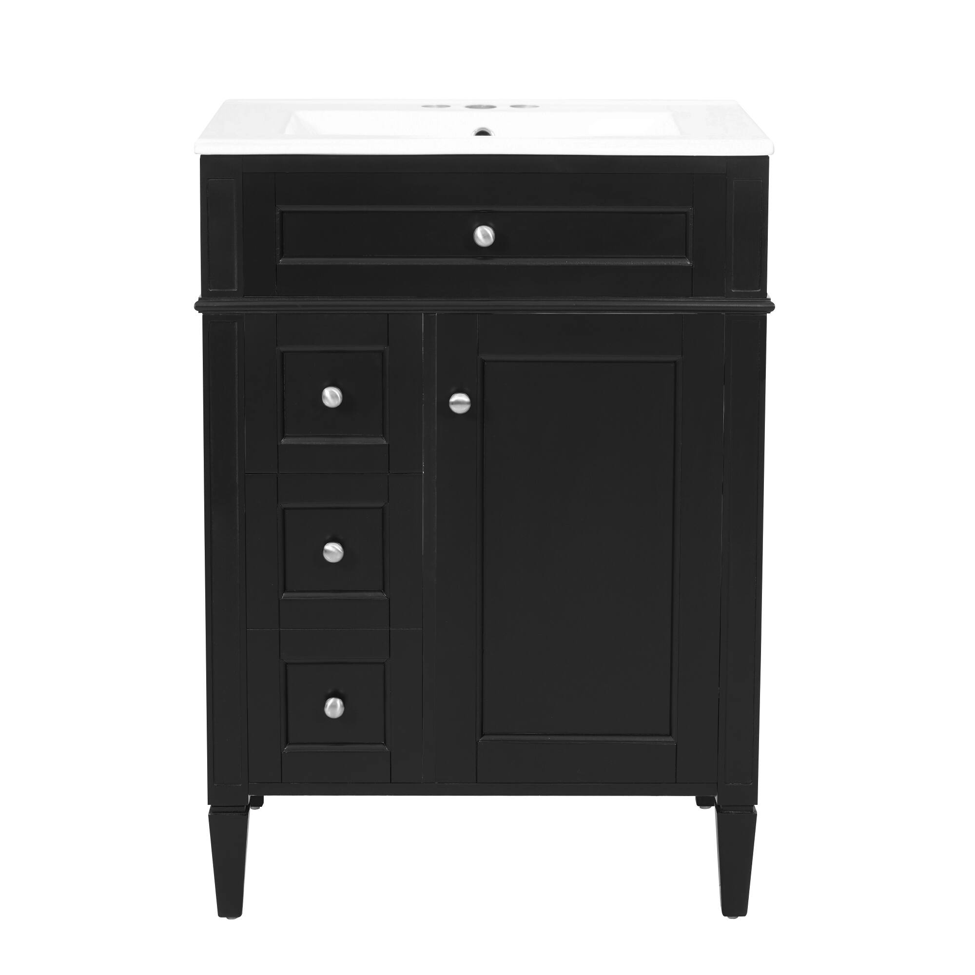 Back. Whisen - 24" Bathroom Vanity with Ceramic Sink Top and 3 Drawers Modern Single Sink Storage Cabinet - Black.