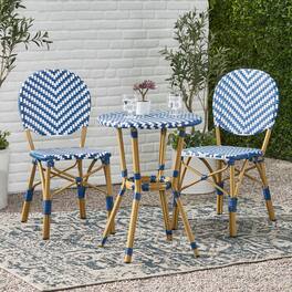 APRILSOUL - French Bistro Set Aluminum Rattan 2 Chairs Table Bamboo Finish Patio Balcony - Navy Blue