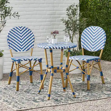Front. APRILSOUL - French Bistro Set Aluminum Rattan 2 Chairs Table Bamboo Finish Patio Balcony - Navy Blue.