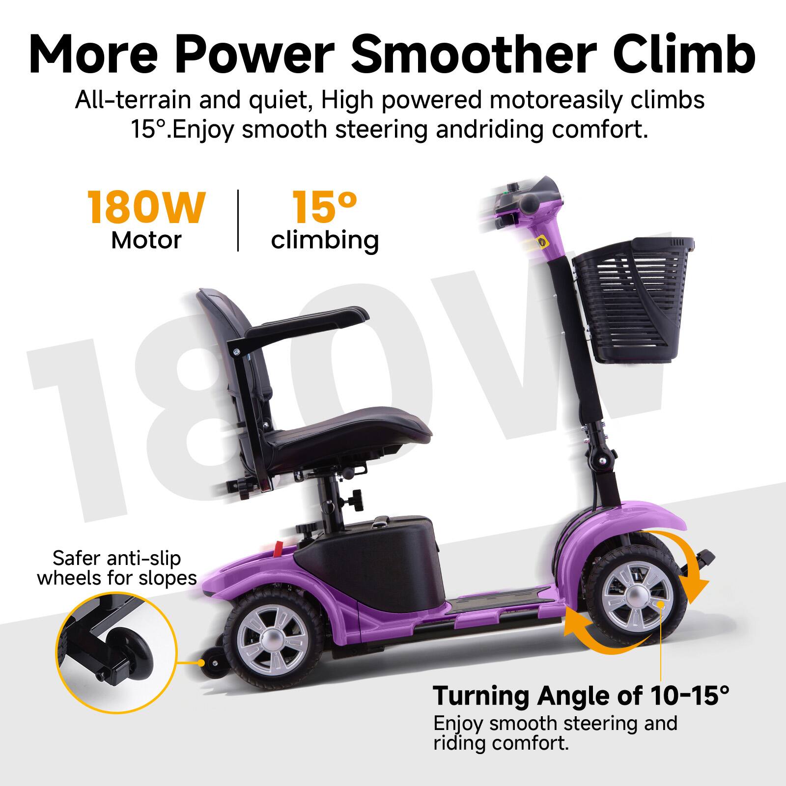 More Power Smoother Climb  
All-terrain and quiet, High powered motor easily climbs 15°. Enjoy smooth steering and riding comfort.  

180W Motor  
15° climbing  

Safer anti-slip wheels for slopes  

Turning Angle of 10-15°  
Enjoy smooth steering and riding comfort.
