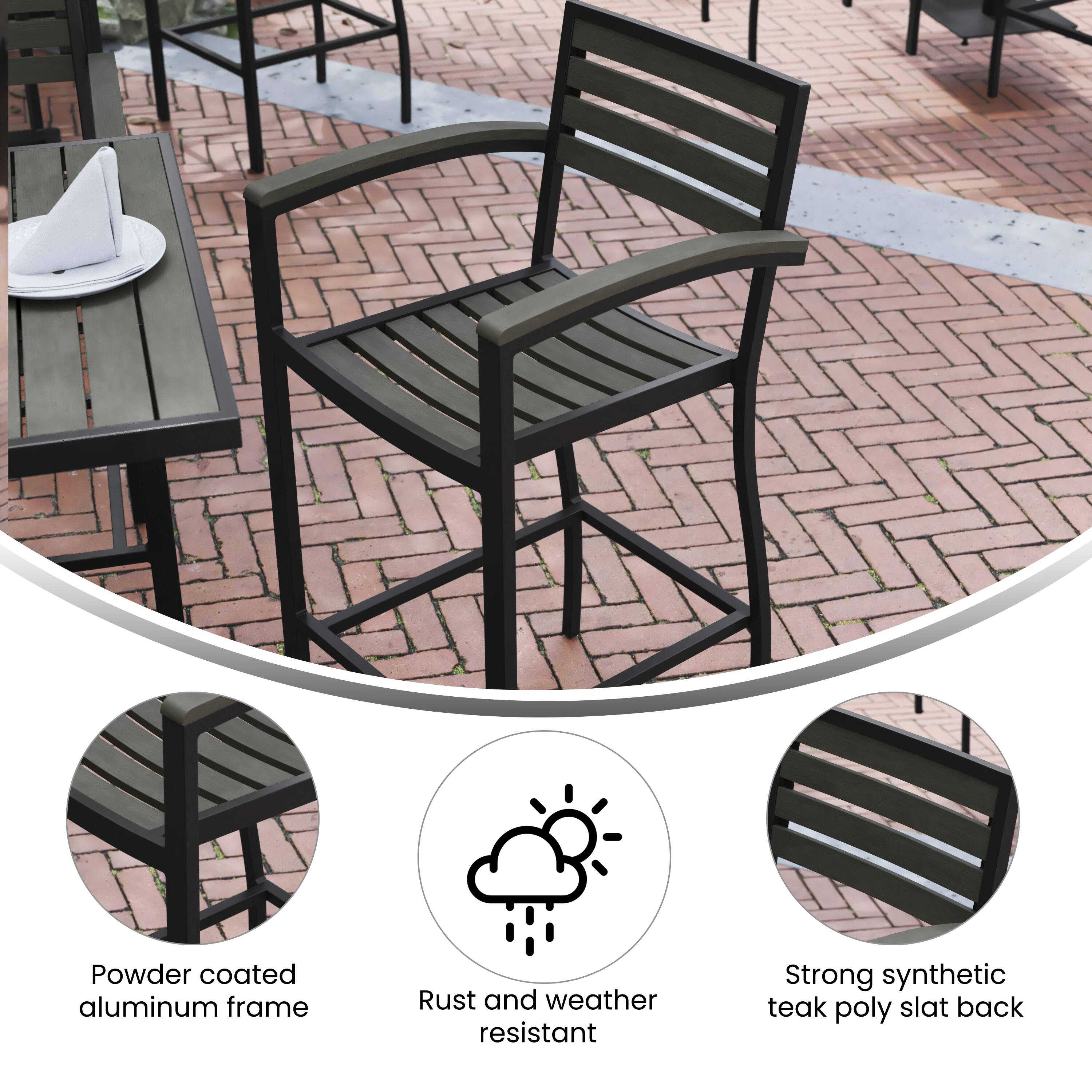 Powder coated aluminum frame  
Rust and weather resistant  
Strong synthetic teak poly slat back