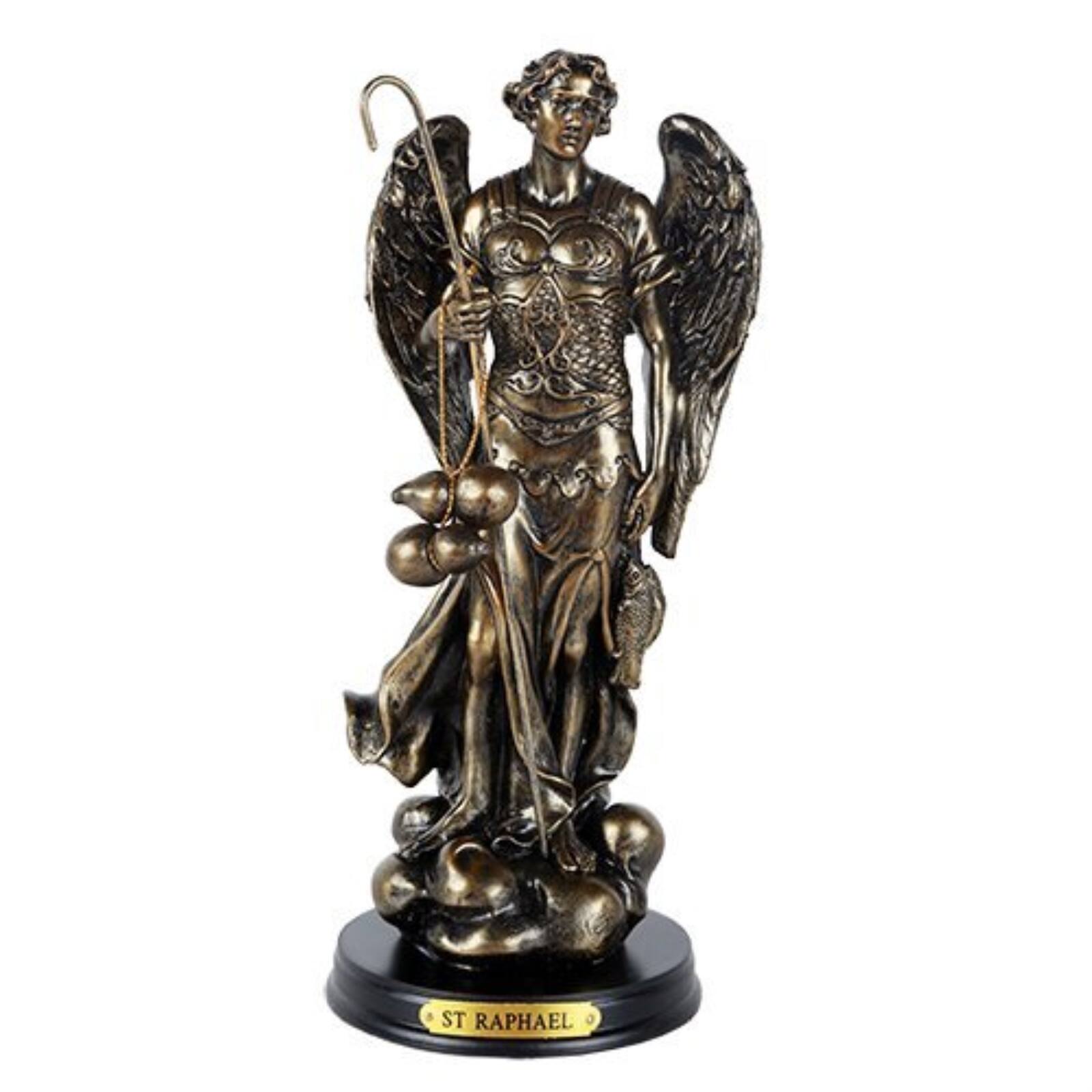 Front. Pacific Trading - St. Raphael Patron Saint of Travellers and Medical Workers 8 Inch Tall Wooden Base with Brass Name Plate - Bronze.