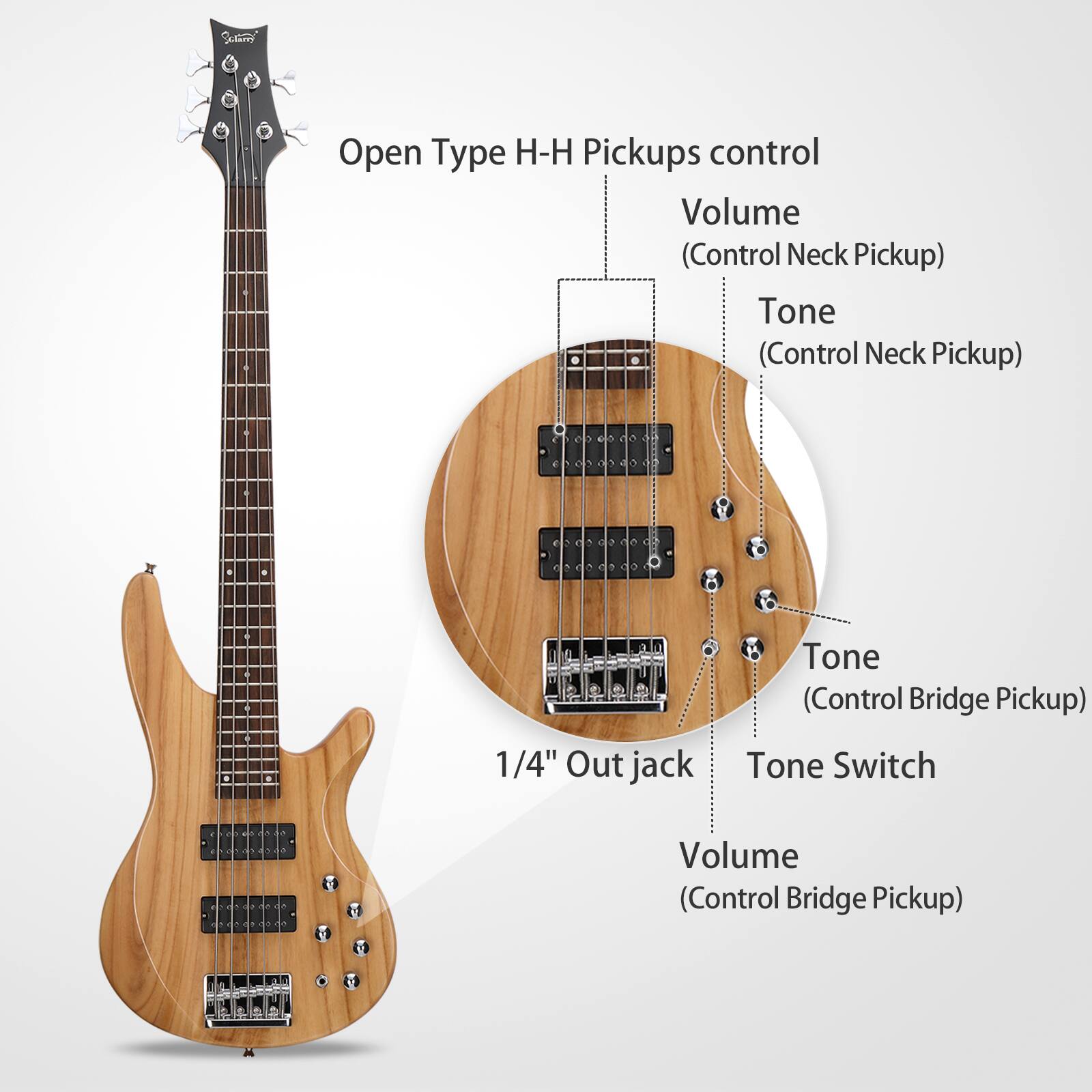 Open Type H-H Pickups control  
- Volume (Control Neck Pickup)  
- Tone (Control Neck Pickup)  
- Tone (Control Bridge Pickup)  
- Tone Switch  
- Volume (Control Bridge Pickup)  
- 1/4" Out jack