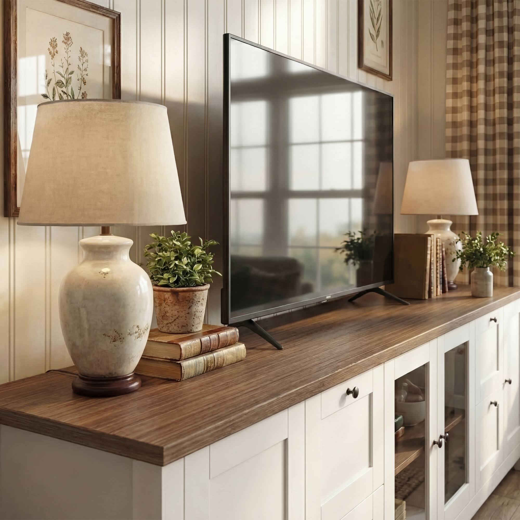 Alt View 1. Famapy - 90.6" Farmhouse TV Stand for 85 Inch TV, Glass Doors, Adjustable Shelves, 10-Compartment Storage - White & Wooden.