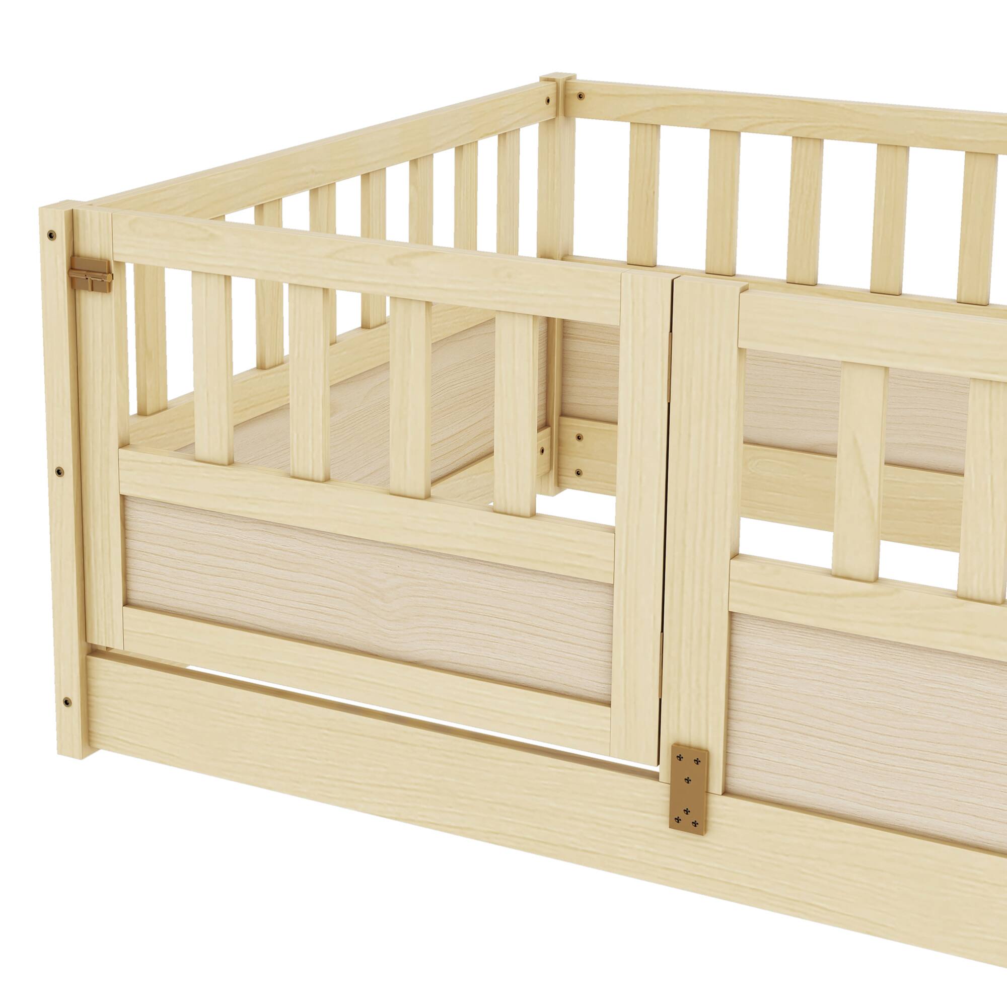 Alt View 5. GOODSILO - Twin Size Floor Bed with Safety Barrier and Door for Children, Montessori Inspired Wooden Frame - Natural Wood.
