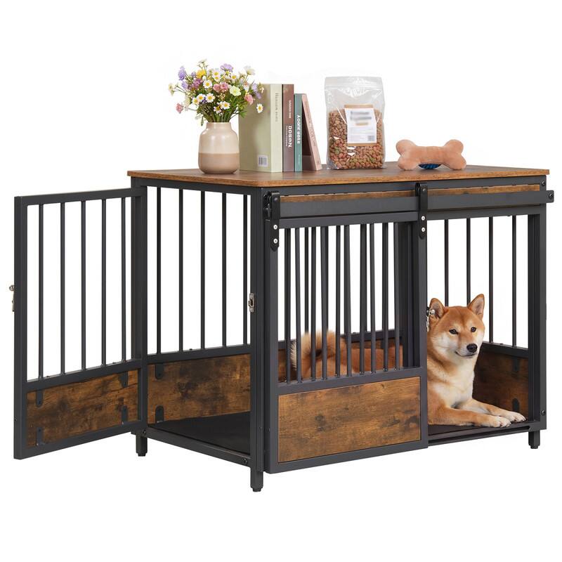 Front. WELLFOR - Dog Crate Furniture with 2 Doors and Safety Latch, 2-in-1 Heavy Duty Dog Cage Dog Kennel for Small Dogs - Rustic Brown.