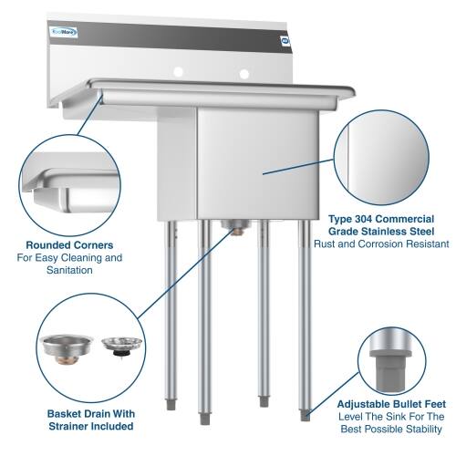 - Rounded Corners For Easy Cleaning and Sanitation
- Type 304 Commercial Grade Stainless Steel Rust and Corrosion Resistant
- Basket Drain With Strainer Included
- Adjustable Bullet Feet Level The Sink For The Best Possible Stability