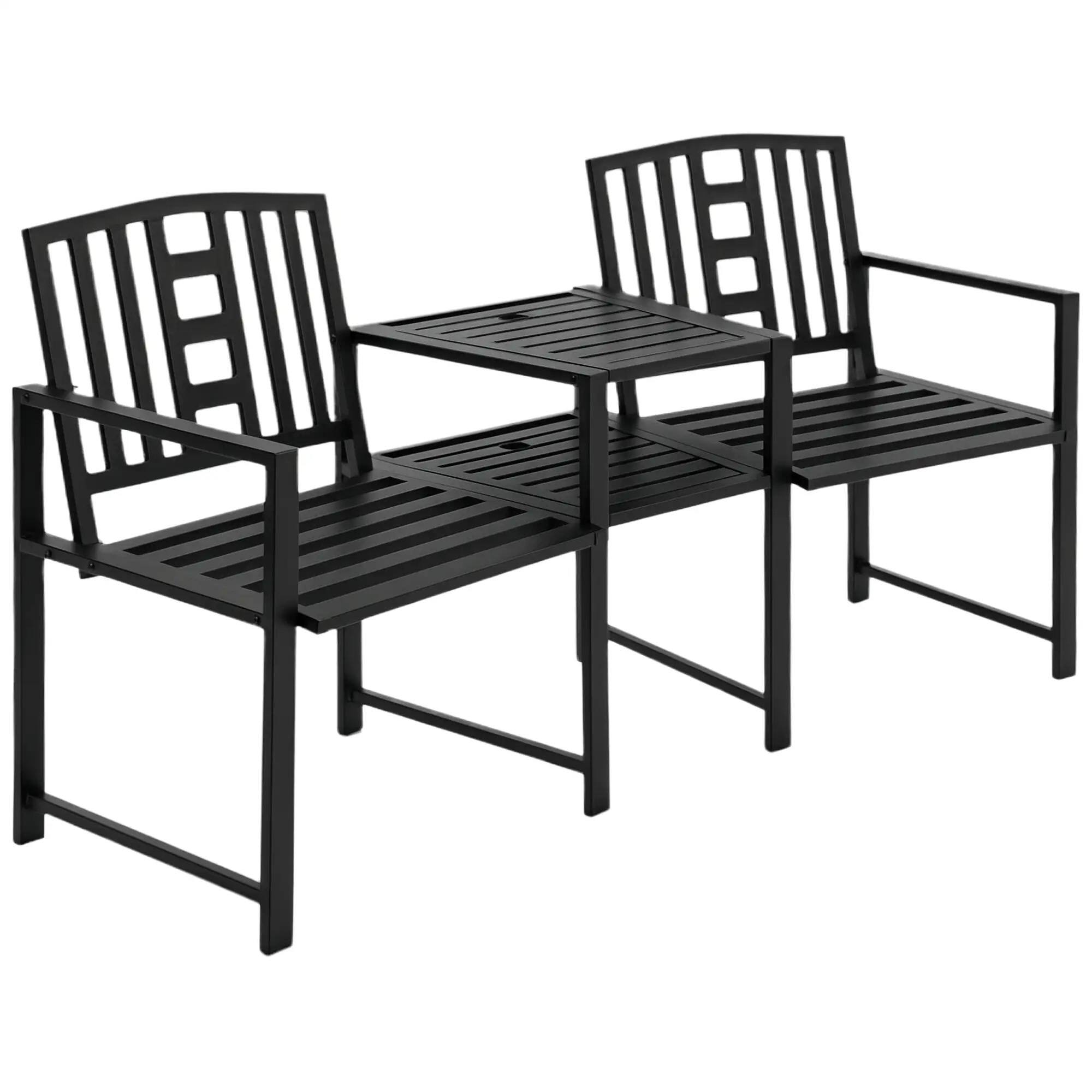 Resenkos - Metal Bench with Center Table, 2-in-1 Patio Seating, Outdoor Love Seat, Slatted, Garden Decor - Black