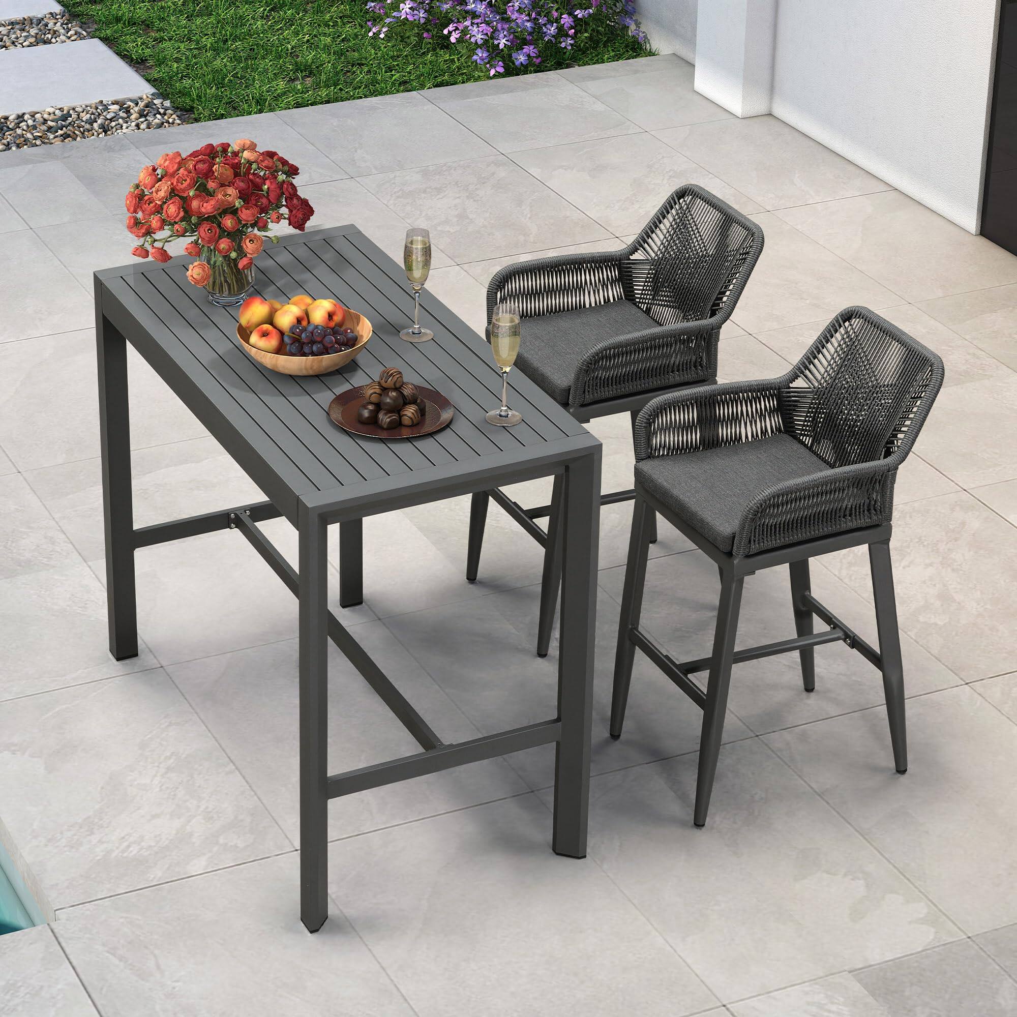 Alt View 2. PURPLE LEAF - Outdoor Counter/Bar Height StoolsRattan Wicker Bar Chairs Woven Aluminum Barstools with Back and Cushions Set of 2 - Grey-Bar Stool.