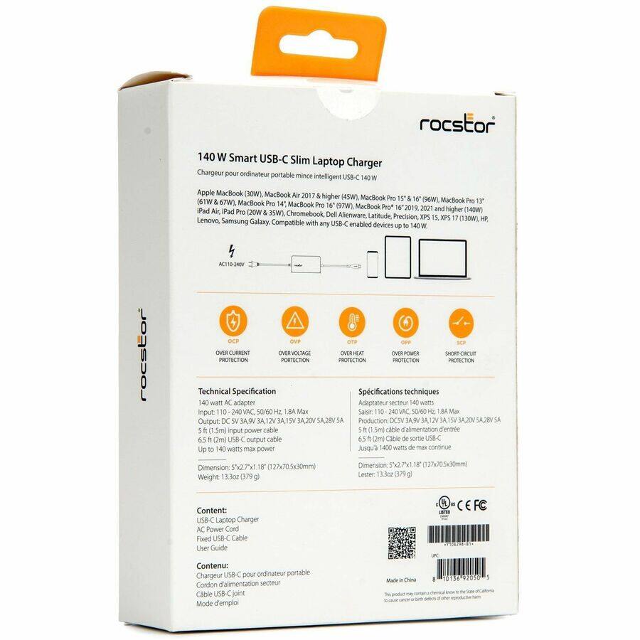 **140 W Smart USB-C Slim Laptop Charger**

**Charger pour ordinateur portable mince intelligent USB-C 140W**

**Apple MacBook (30W), MacBook Air 2017 higher (45W), MacBook Pro 13" (61W & 67W), MacBook Pro 14" (96W), MacBook Pro 16" (97W), MacBook Pro 16" (96W), iPad Air, iPad Pro 2019 & 2021 and higher (140W), iPad Pro 20W, Chromebook, Dell Alienware, Latitude, Precision, XPS, Lenovo, Samsung Galaxy. Compatible with any USB-C enabled devices up to 140W.**

**Technical Specification**

- 140 watt AC adapter
- Input: 110-240 VAC, 50/60 Hz, 1.8A Max
- Output: DC 5V/3A, 9V/3A, 12V/3A, 15V/3A, 20V/5A, 28V/