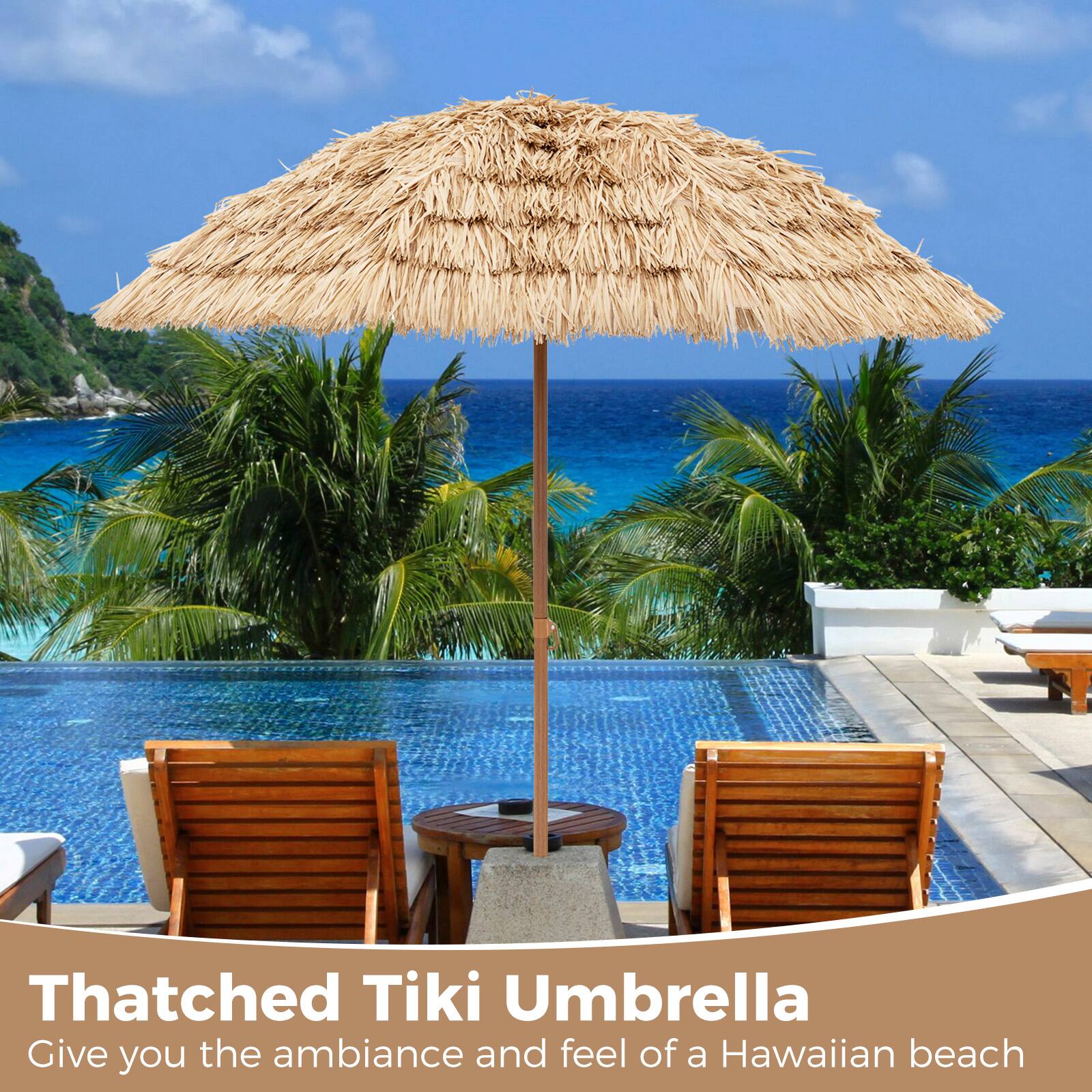 Thatched Tiki Umbrella  
Give you the ambiance and feel of a Hawaiian beach