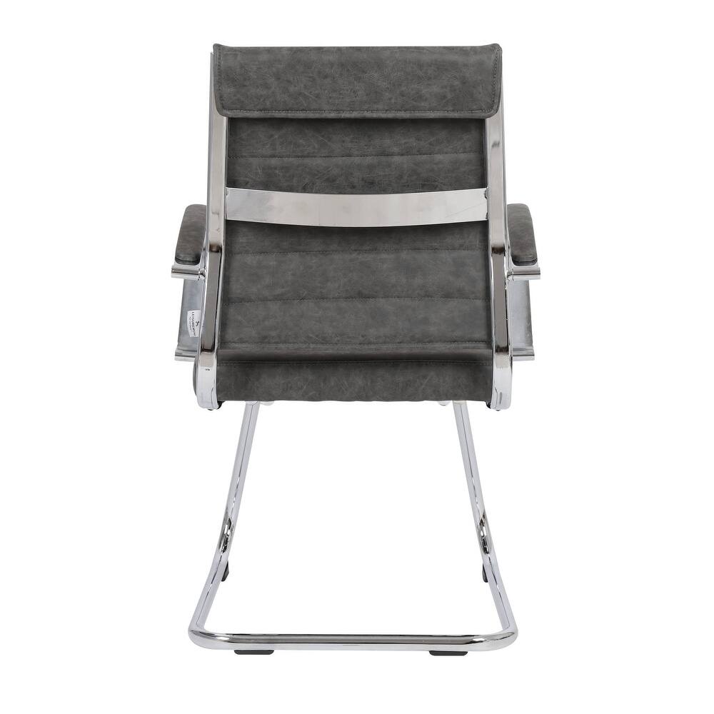 Alt View 6. LeisureMod - Benmar Office Chair, Ribbed Leather Upholstery with Chrome Arms and Sled Base, Modern Desk Seating for Home or Office - Charcoal.