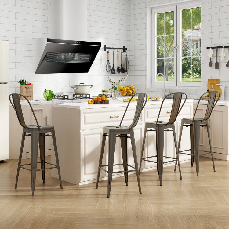 Angle. Mondawe - 24in Stackable Metal Bar Stool Set w/ Removable Backrest, Industrial Counter Height Chairs for Indoor Outdoor, 4Pcs - Dark Grey.