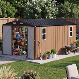 LAUSAINT HOME - 10x12 FT Galvanized Steel Shed with Windows Double Lockable Doors Gable Roof and Vent for Backyard Patio - Brown