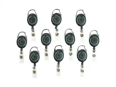 Front. Staples - Metal Carabiner Badge Reels, 30" Retractable Cord Length, Metal, 10/Pack - Smoke.
