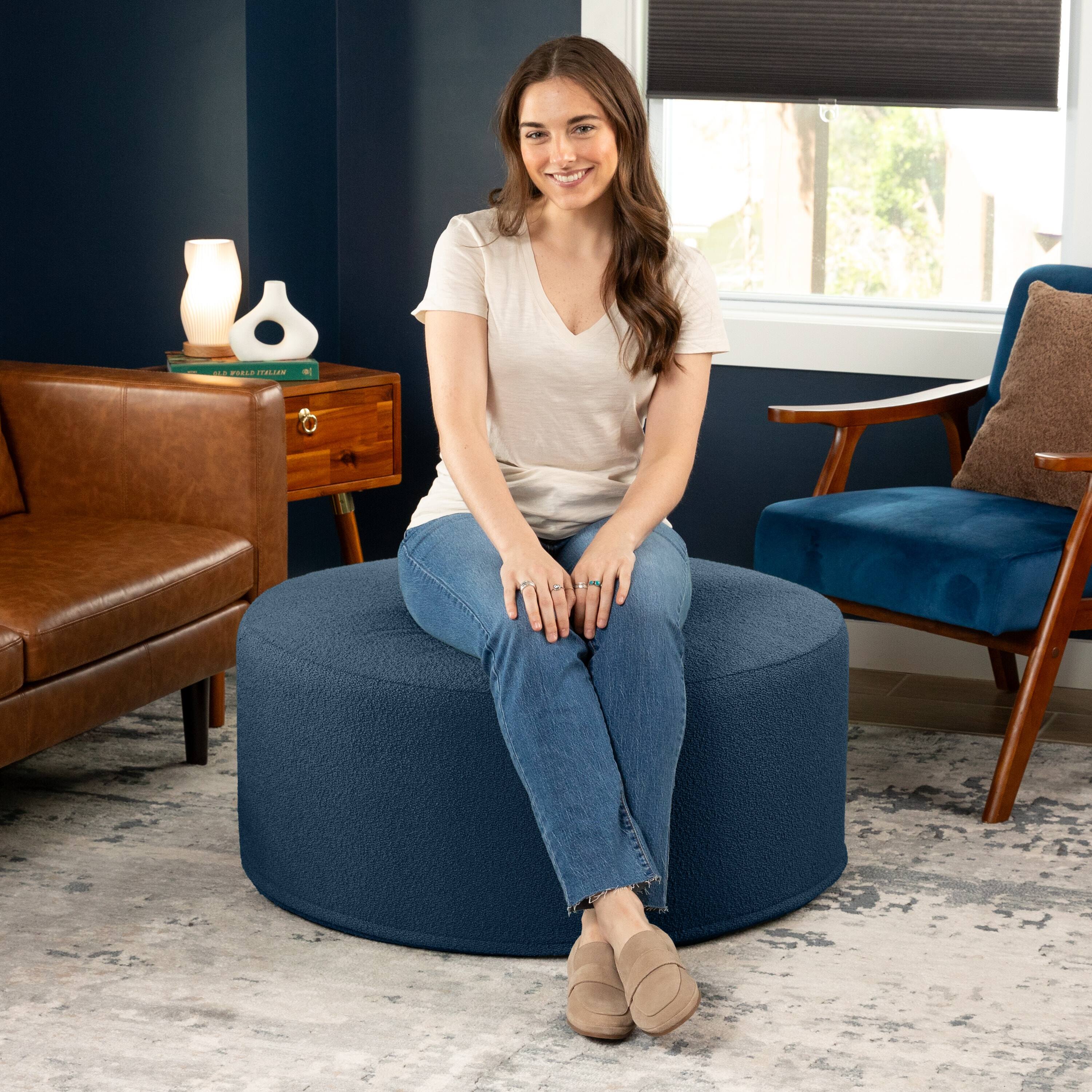 Left. Jaxx - Jaxx Candler Round Couch Oversized Giant Coffee Table Ottoman, Kid Safe with Removable Cover, Boucle Navy - Boucle Navy.