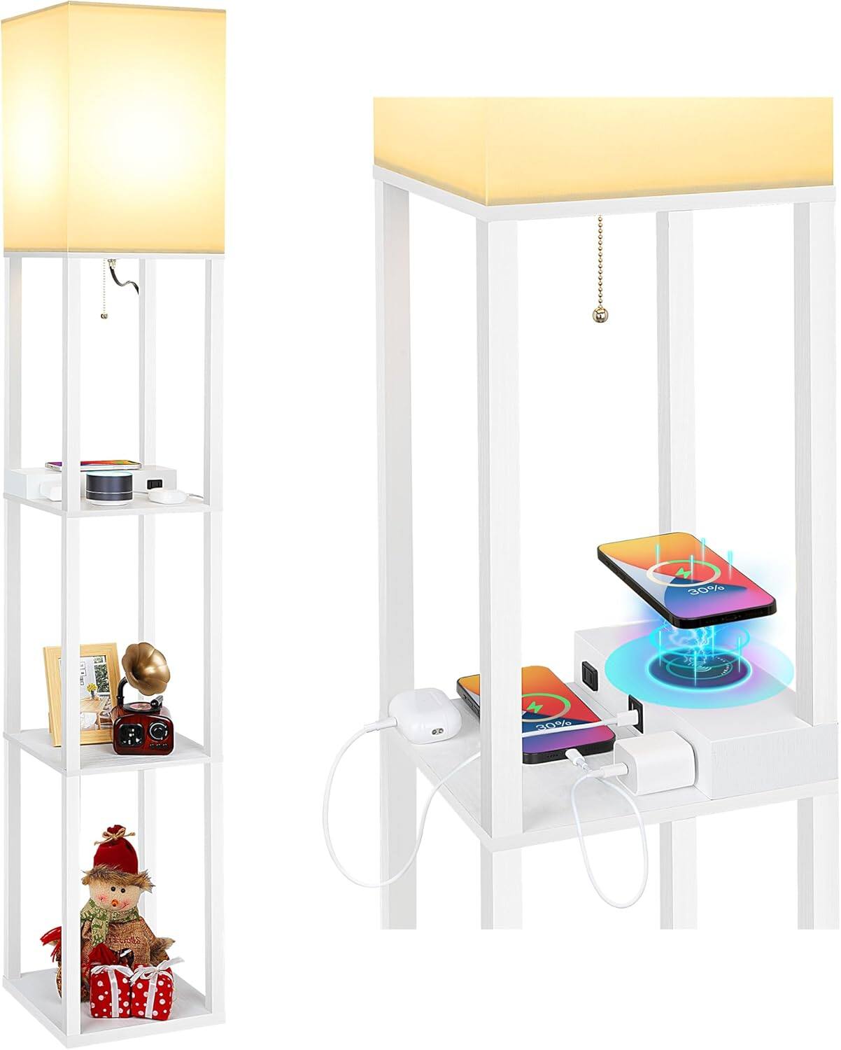 Cozy Serene - Black Floor Lamp Lamp Modern Wireless USB wood Shelf with Charger Fast Charging Ports Type Power - White