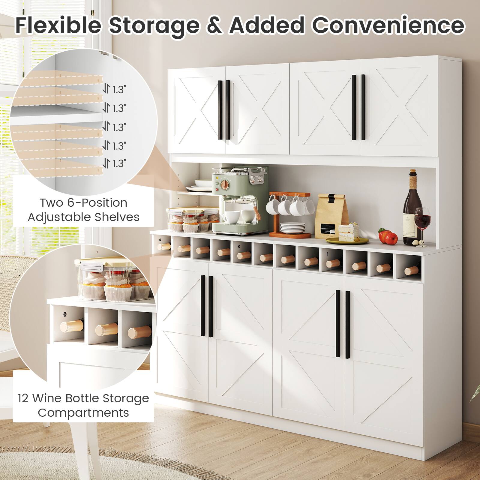 Flexible Storage & Added Convenience

- Two 6-Position Adjustable Shelves
- 12 Wine Bottle Storage Compartments