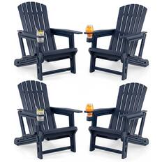 Front. Costway - Costway HDPE Adirondack Chair Set of 4 with Cup Holder, Wood-Like Texture, High Backrest - Blue.