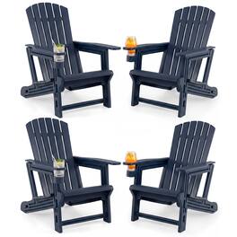 Costway - HDPE Adirondack Chair Set of 4 with Cup Holder, Wood-Like Texture, High Backrest - Blue