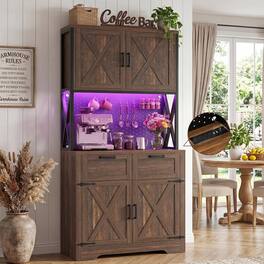 Aheaplus - 71'' Tall Kitchen Pantry Storage Cabinet: with 2 Drawers, Charging Station, and LED Lights - Weathered Brown