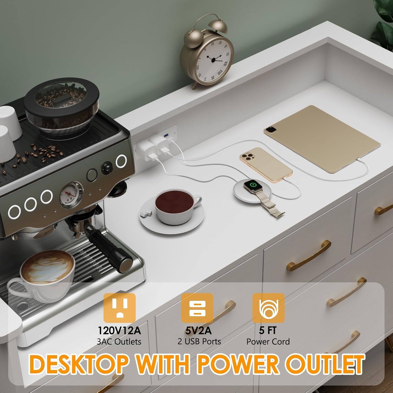 DESKTOP WITH POWER OUTLET

- 120V12A
- 3AC Outlets
- 5V2A
- 2 USB Ports
- 5 FT Power Cord