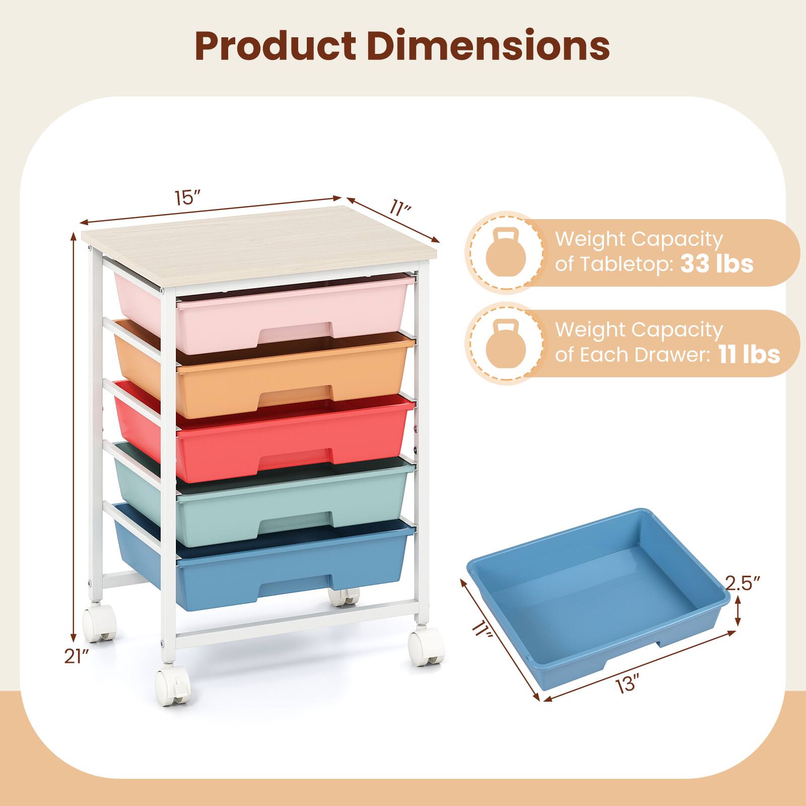 Product Dimensions

15" x 11" x 21"

Weight Capacity of Tabletop: 33 lbs

Weight Capacity of Each Drawer: 11 lbs

Drawer Dimensions: 13" x 11" x 2.5"