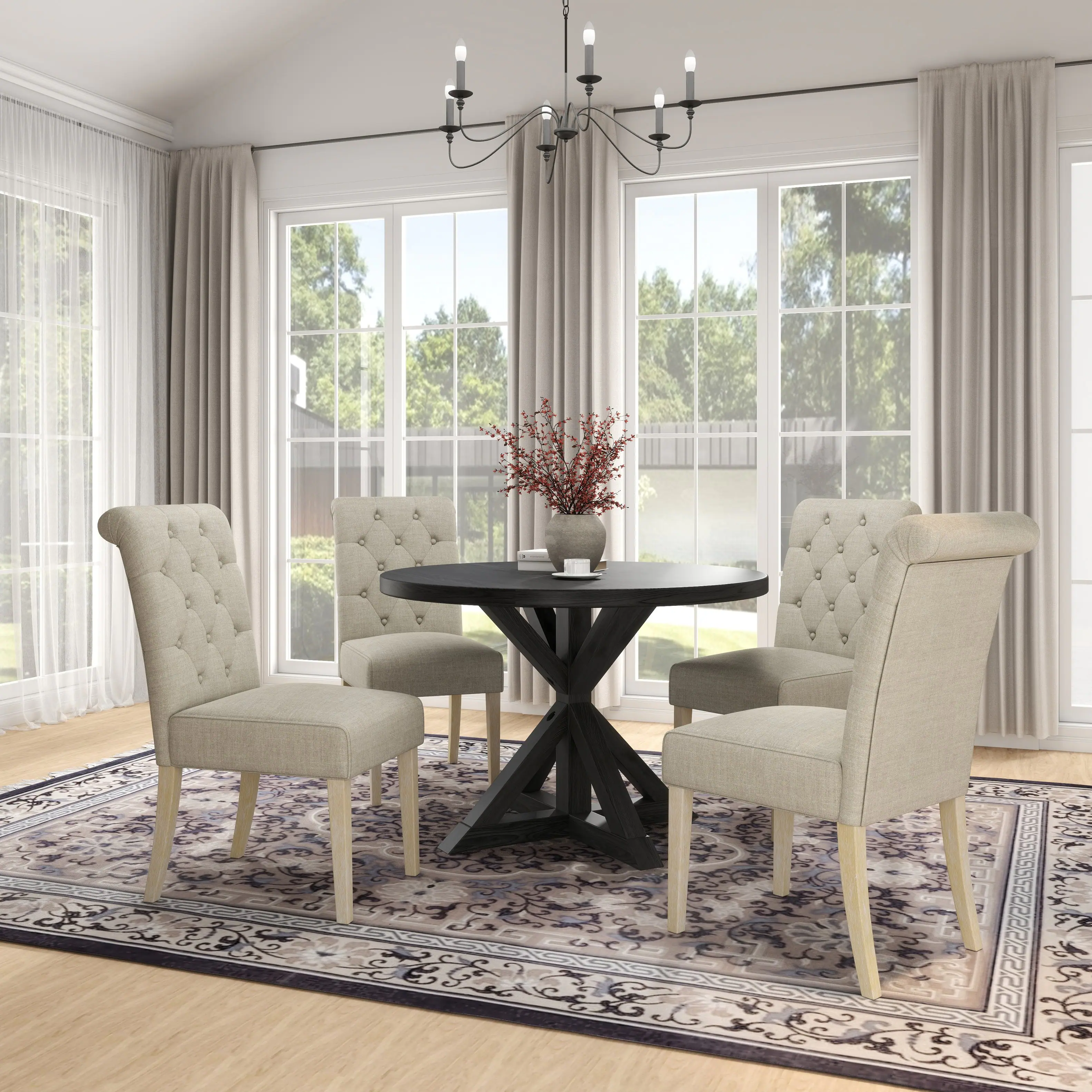 Front. TinyHomie - 5-piece Dining Set Cross-Buck Round Table with 4 Tufted Chairs TAN - Black and Tan.