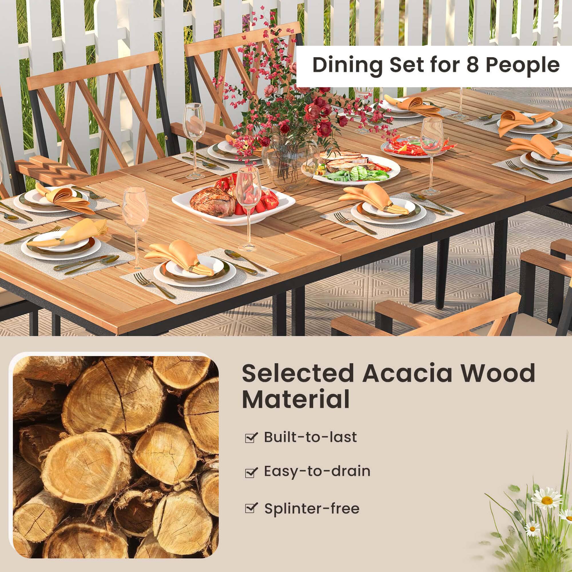 Dining Set for 8 People - Selected Acacia Wood Material - Built-to-last - Easy-to-drain - Splinter-free