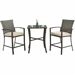 Pefilos - 3 Pieces Rattan Bar Furniture Set with Slat Table and 2 Cushioned Stools - Brown