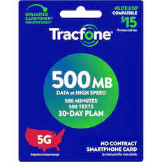 Tracfone 500 MB DATA at HIGH SPEED 500 MINUTES 500 TEXTS 30-DAY PLAN 5G Image does not depict coverage NO CONTRACT SMARTPHONE CARD See back panel for more details.