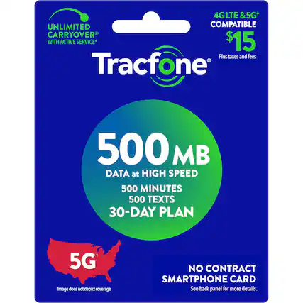 Tracfone 500 MB DATA at HIGH SPEED 500 MINUTES 500 TEXTS 30-DAY PLAN 5G Image does not depict coverage NO CONTRACT SMARTPHONE CARD See back panel for more details.