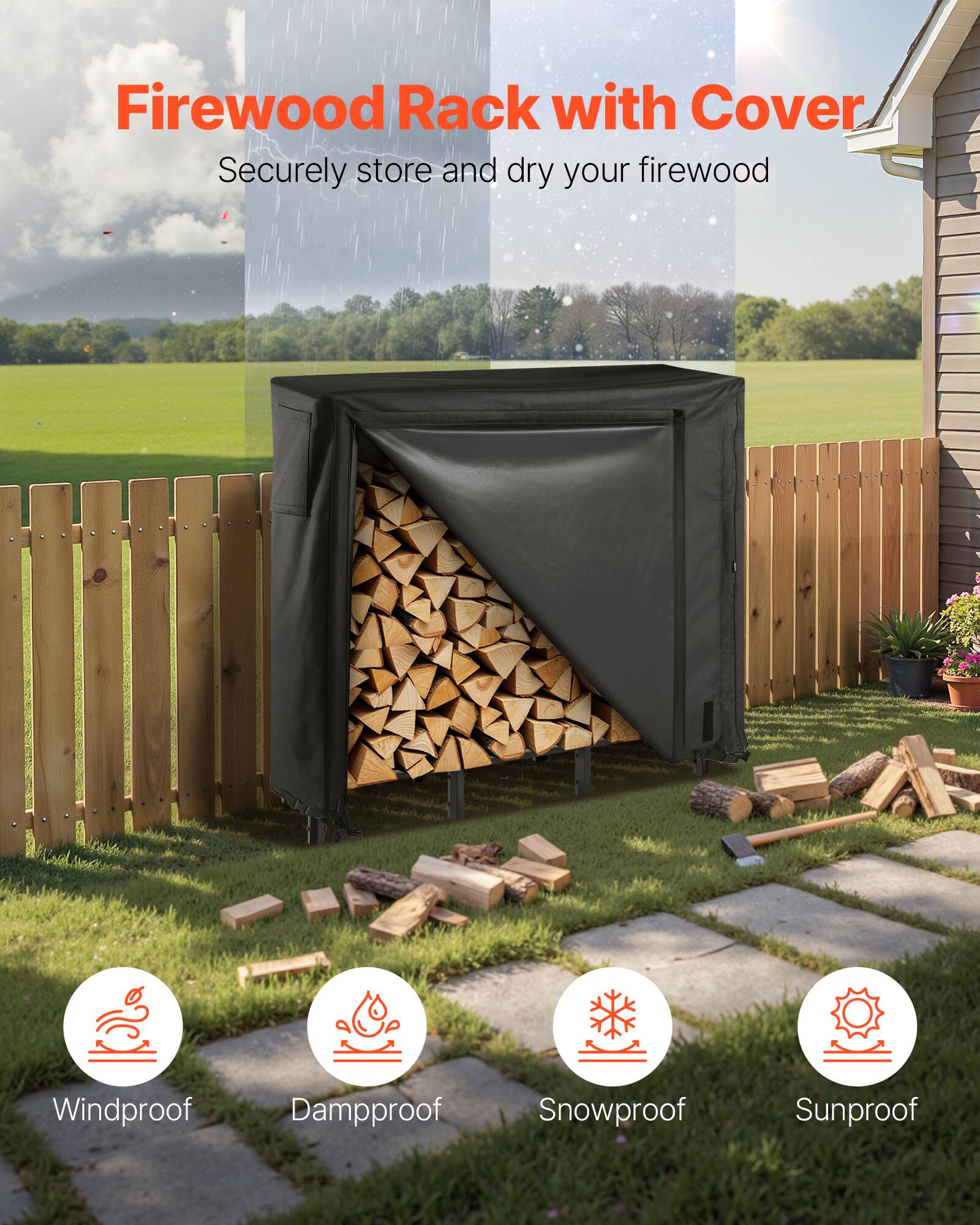 Firewood Rack with Cover  
Securely store and dry your firewood  

Windproof  
Dampproof  
Snowproof  
Sunproof
