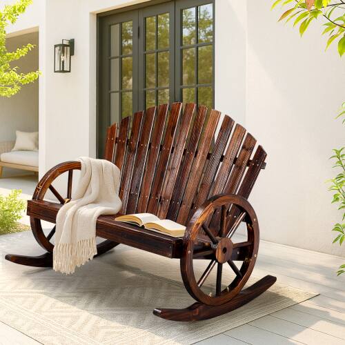 Alt View 10. Winado - 36inch Wooden Wagon Adirondack Rocking Chair Rustic with High Back, Slatted Seat, Wheel Armrest for Indoor Outdoor Porch - Carbonized.