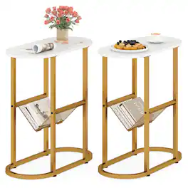 Costway - 2 PCS End Table with Faux Marble Tabletop & Magazine Holder Heavy-duty Metal Frame - White