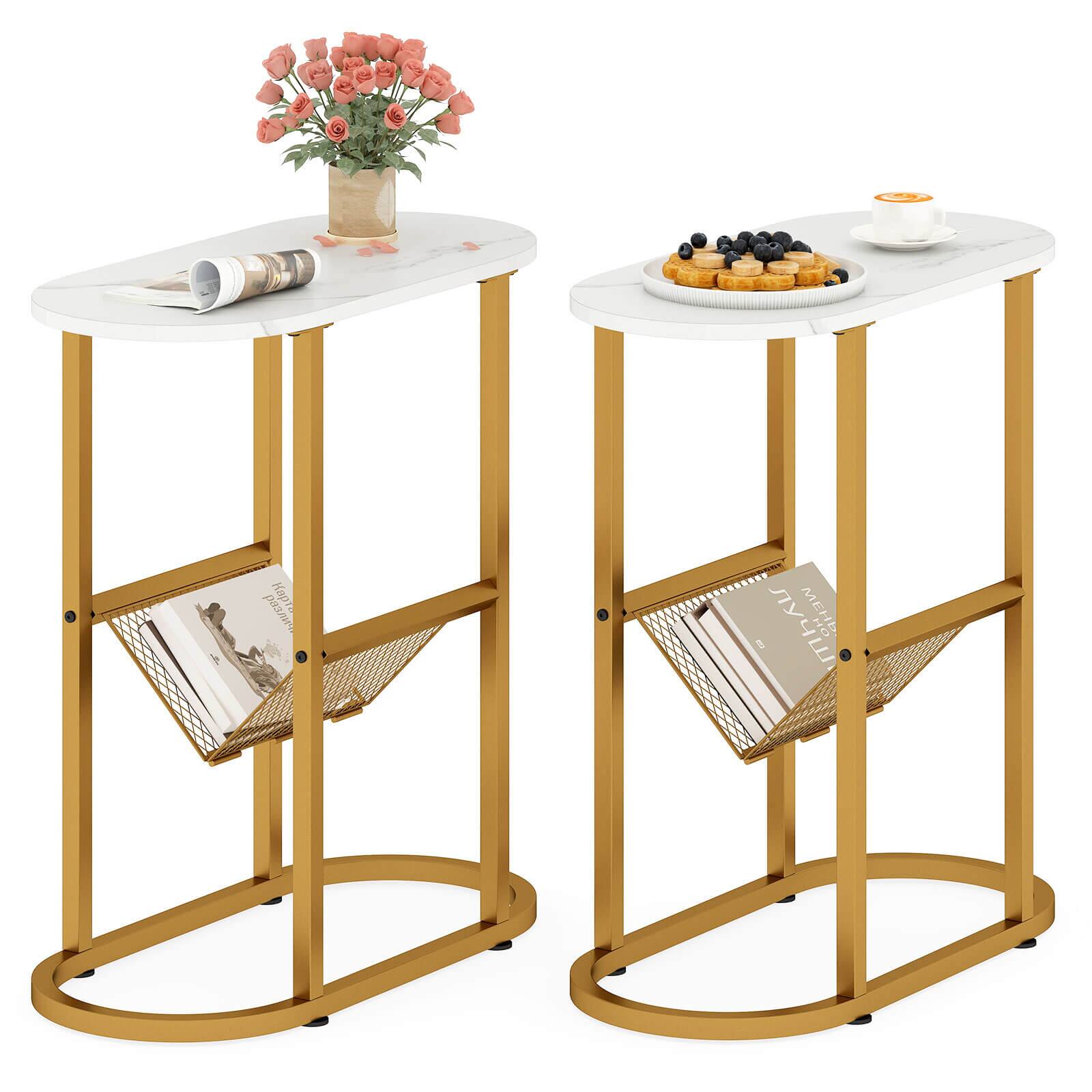 Front. Costway - Costway 2 PCS End Table with Faux Marble Tabletop & Magazine Holder Heavy-duty Metal Frame - White.