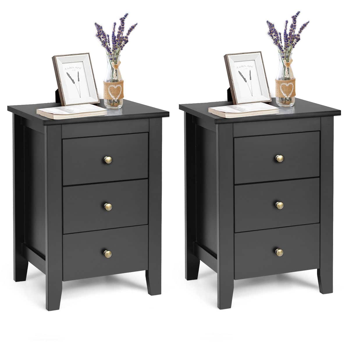 Front. Costway - Set of 2 Nightstand End Beside Sofa Table with 3 Drawers Bedroom Furniture - Black.