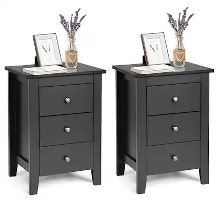 Front. Costway - Set of 2 Nightstand End Beside Sofa Table with 3 Drawers Bedroom Furniture - Black.